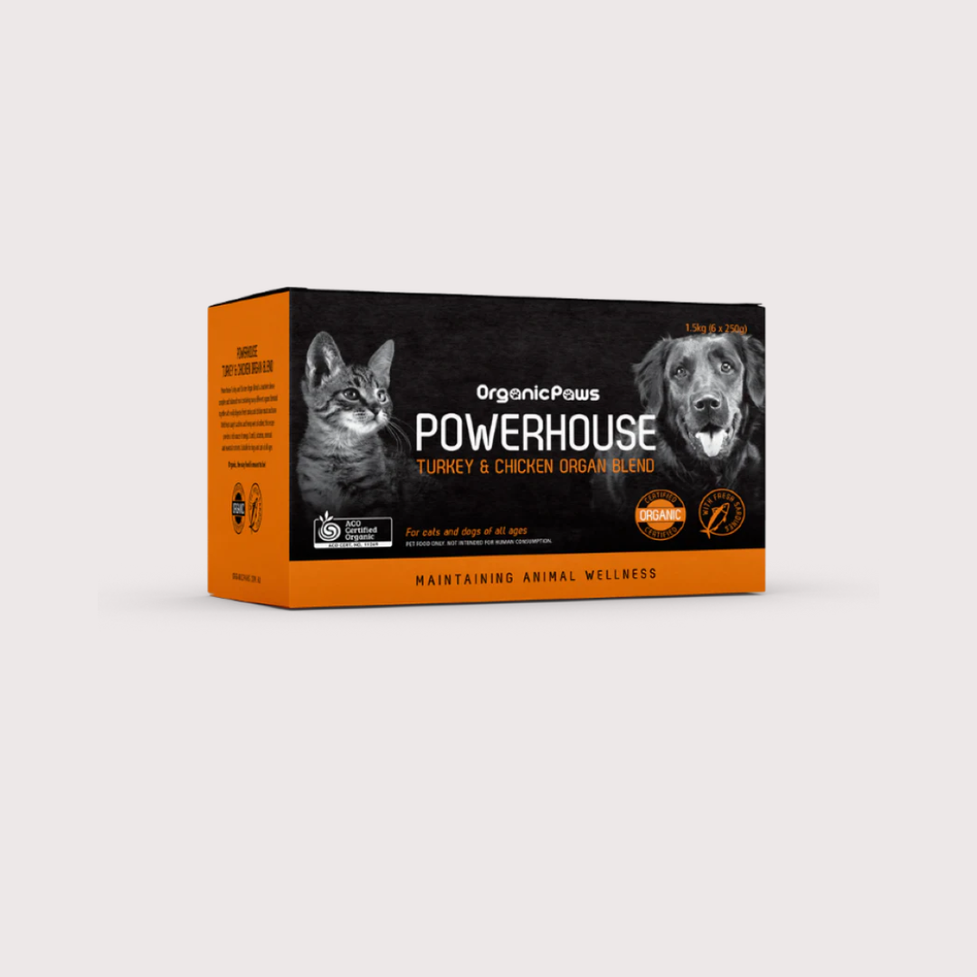 POWERHOUSE 急凍生肉貓狗糧｜有機認證火雞&雞肉內臟配方 (250gm x 6)